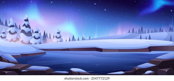 Winter horizontal lake landscape at night. Vector nature illustration with frozen pond,  snowy rocks, stones, forest, aurora borealis. Wild park or garden with pines. Outdoor activity. Northern lights