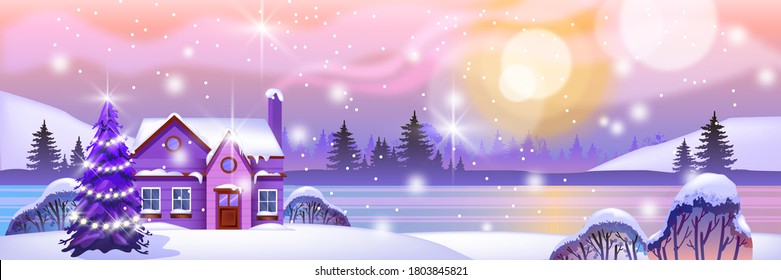 Winter horizontal landscape with small house in snow, Christmas tree, forest, lake, sun. Northern day vector background with aurora borealis, river in ice, blizzard. Holiday winter landscape in violet