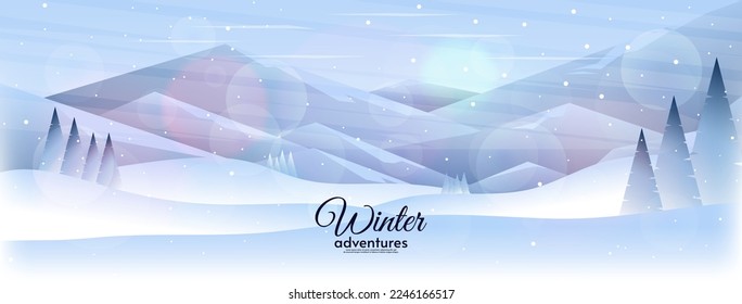 Winter horizontal landscape. Vector illustration. Hills with forest and Alps. Snowfall. Blizzard.