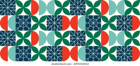 Winter horizontal pattern in bauhaus style. Christmas ornament with snowflakes and geometric shapes
