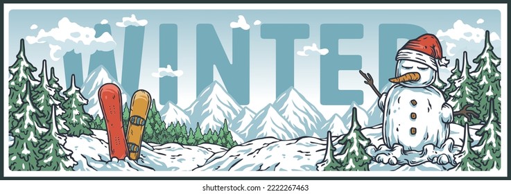 Winter horizontal poster featuring a snowman on a snowboard, mountains and snow. Ski holidays and winter active sports