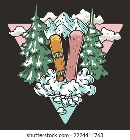 Afiche horizontal de invierno con un muñeco de nieve en una tabla de nieve, montañas y nieve. Vacaciones de esquí y deportes de invierno