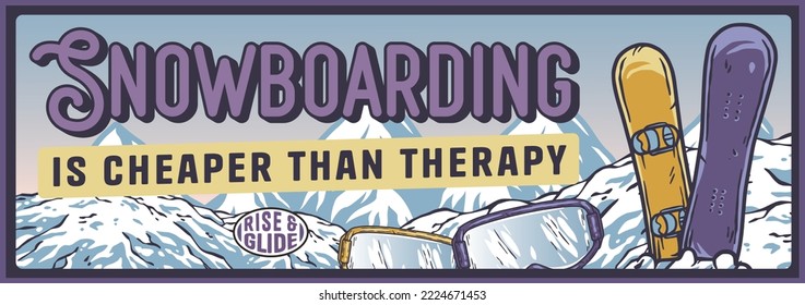 Winter horizontal poster, snowboards, mountains and snow. Ski holidays and winter active sports