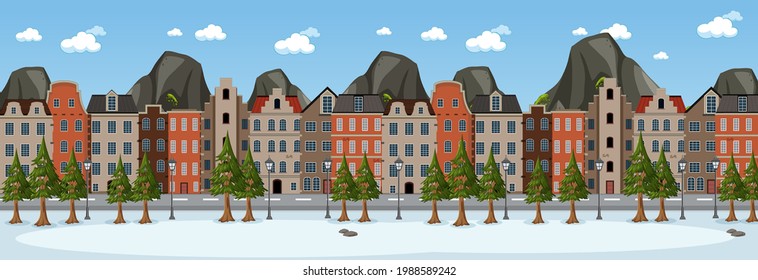 Winter horizontal scene at day time with suburban building background illustration