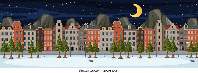 Winter horizontal scene at night time with suburban building background illustration