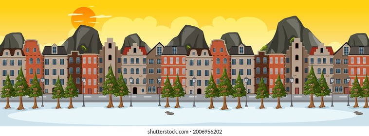 Winter horizontal scene at sunset time with suburban building background illustration