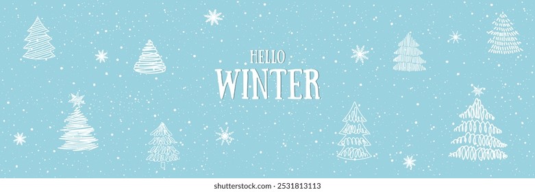 Design vetorial horizontal de inverno. Olá, Winter. Texto de saudação com abetos e floco de neve para a celebração da estação fria.ilustração vetor de férias.Winter days.Great para banners, papéis de parede, cartões