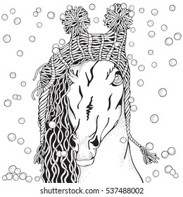 Winter Horse with knitted cap and snow. Adult Coloring Book page.  Zentangle and  Doodle  style. Black and white monochrome background