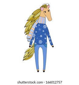 Winter horse wearing a scarf. Vector illustration
