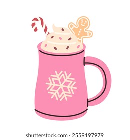 Winter hot beverage. Drink with cream and gingerbread. Cococa. Cozy. Christmas mug.