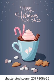 Winter hot chocolate, coffee with cinnamon, cream, Christmas candy cane, marshmallows and cookies. Happy holidays inscription. Cute Christmas greeting card design element.