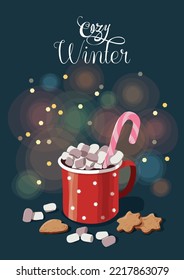 Winter hot chocolate red cup marshmallow. Colorful poster with red mug of hot chocolate, marshmallow and cookies. Cozy winter lettering. Christmas greeting card design element.