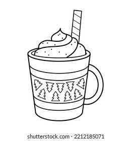 Winter hot drink. Cocoa. Foam coffee. Cup with Christmas trees. Coloring book. Christmas. New Year. Black and white vector image.