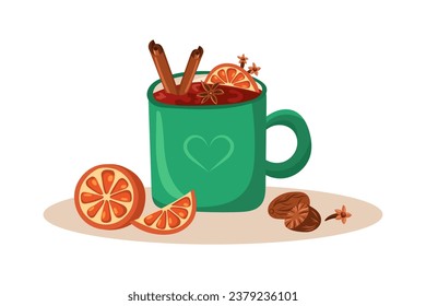 Winter hot drink Mulled wine. Vector illustration
