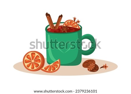 Winter hot drink Mulled wine. Vector illustration