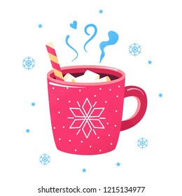 Winter hot drink. Red cup of cocoa, coffee or hot chocolate with marshmallows and snowflakes around. Christmas greeting card design element. Poster with red mug and candy for winter season.