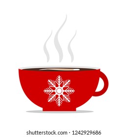 Winter hot drink. Red cup of cocoa, coffee or hot chocolate with snowflakes. Christmas greeting card design element.
