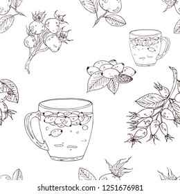 
Winter hot drink seamless pattern. Dog roses and herbal tea vector illustration. Vector  and white background.