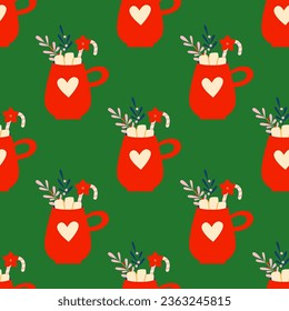 Winter hot drink seamless pattern, background. Coffee, chocolate, marshmallow, cocoa. Christmas and New Year colorful mugs and cups with branches. Retro vintage nostalgia.