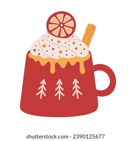 Winter hot drink with whipped cream, dried orange slice, and cinnamon stick in a cute cup. Vector illustration of Christmas holiday chocolate, coffee, or cocoa.