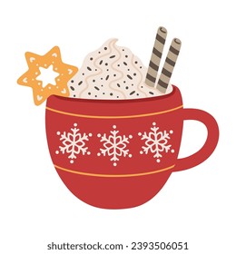 Winter hot drink with whipped cream, cookie, and straws in a cute cup. Vector illustration of Christmas holiday chocolate, coffee, or cocoa.