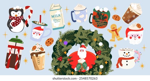 Winter hot drinks cartoon collection. Mugs for Xmas, New year or winter holidays. Flat vector different Christmas hot beverages. Mugs of Cocoa with marshmallow, coffee with cream. Christmas wreath