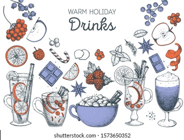 Winter hot drinks.  Christmas bar menu. Mulled wine - winter hot drink. Hand drawn sketch. Vector illustration. Christmas menu design template. Side view collection. Mulled wine and tea