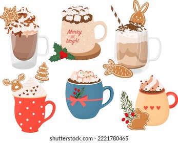  Winter hot drinks. Christmas hot drinks set isolated vector illustration.