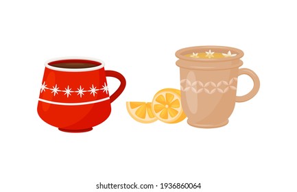 Winter Hot Drinks with Cocoa in Mug and Herbal Tea with Lemon Vector Set
