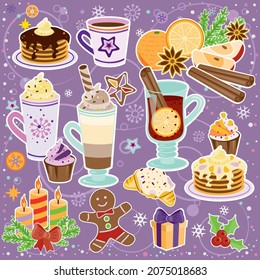 Winter hot drinks, coffee, latte, mulled wine. Desserts and New Year decorations. Gingerbread man. Candles and gifts. New Year vector set.
