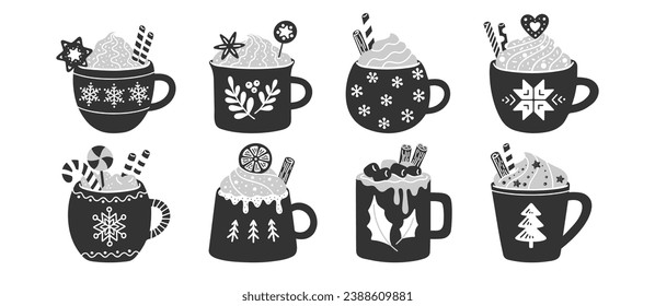 Winter hot drinks in cute cups with whipped cream hats. Vector set of illustrations of Christmas holiday chocolate, coffee, and cocoa mugs.