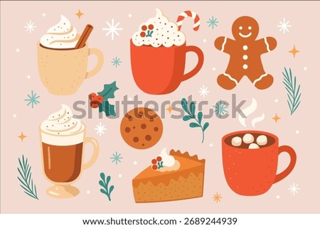 Winter Hot Drinks and Desserts Set - Cozy Christmas Vector Illustration. Cups of cocoa, coffee, and whipped cream drinks, with gingerbread cookies, pie, and festive sweets. Surrounded by snowflakes