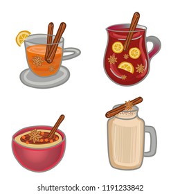 Winter hot drinks with m spices on white background.Vector set.