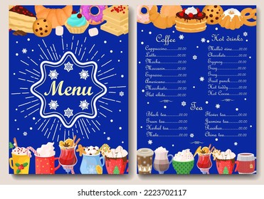 Winter hot drinks menu front and back vector design template. Christmas holiday cafe bar with food pastry dessert and beverage assortment cover illustration. Coffee-shop or tea store concept