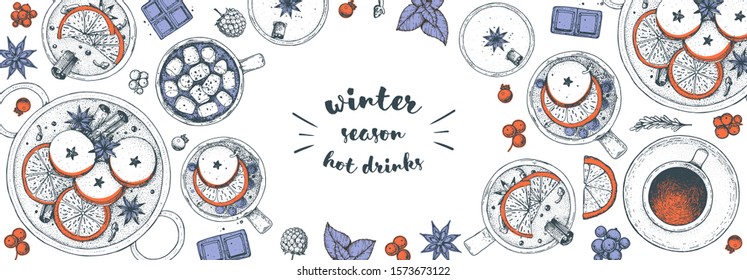 Winter hot drinks. Mulled wine, hot drink top view. Hand drawn sketch. Vector illustration. Christmas invitation design template. Sketch collection. Christmas bar menu. Mulled wine, coffee and tea 