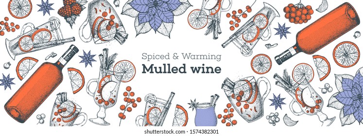 Winter hot drinks. Mulled wine, hot drink side view. Hand drawn sketch. Vector illustration. Christmas invitation design template. Sketch collection. Christmas bar menu. Mulled wine, coffee and tea 