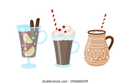 Winter Hot Drinks with Mulled Wine in Glass and Hot Chocolate in Mug Vector Set