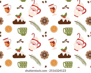 Bebidas calientes de invierno, vino caliente y galletas de jengibre sin patrón. Ilustración vectorial de Navidades cupcake con muérdago, ideal para textiles, papel de regalo, fondo