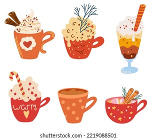 Set de bebidas calientes de invierno. Acogedoras vacaciones. Colección de bebidas de Navidad. Cacao con crema, canela, taza de café, té, chocolate caliente, malvavisco. Para el restaurante, el bar y la carta. Ilustración del vector 