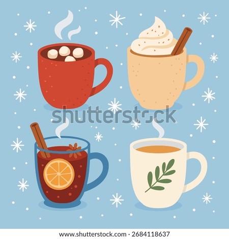 Winter Hot Drinks Set – Cozy Seasonal Beverages Vector Illustration. Set of cozy winter hot drinks such as cocoa, coffee, tea and mulled wine with seasonal spices and decorations. 