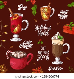 Winter hot drinks. Set of hand drawn sketch. Can be used for bar menu, card, flyer, poster. Christmas lettering. Vector illustration