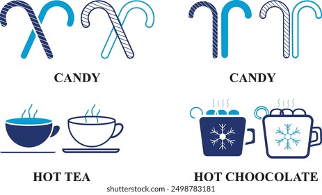 Winter Hot Tea, chocolate with Candy icon set isolated on white background. Editable colorful Icons of Cool Weather in fill and line style.