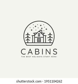 Winter Hotel Cabin Minimalist Line Art Badge Logo Template Vector Illustration Design. Simple Minimalist Cottage, Lodge, Housing Emblem Logo Icon Concept