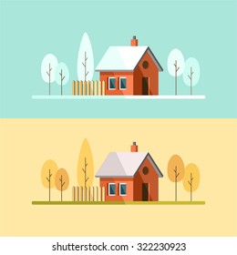 Winter house. Autumn house. Family suburban home. Vector flat illustration.