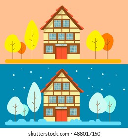 Winter house. Autumn house. Family suburban home. Vector flat illustration.