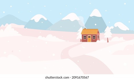 Winter house background. Snowy scene with a cottage. Flat vector illustration