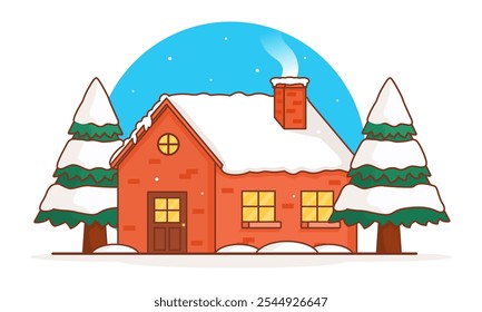 Winter House - A brick house with a snow-covered roof sits between two snow-covered pine trees. Smoke billows from the chimney. Flat Cartoon Style Suitable for Web Landing Page, Banner, Flyer, Sticker