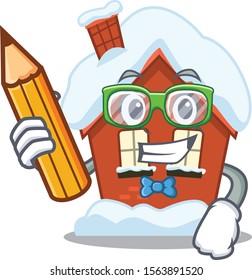 Winter house in the cartoon shape student holding pencil