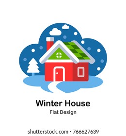 Winter House with chimney in snowy night flat illustration