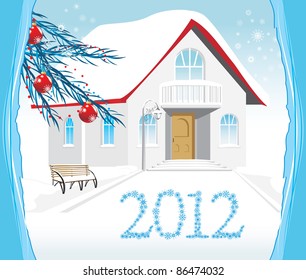 Winter house. Christmas card. Vector